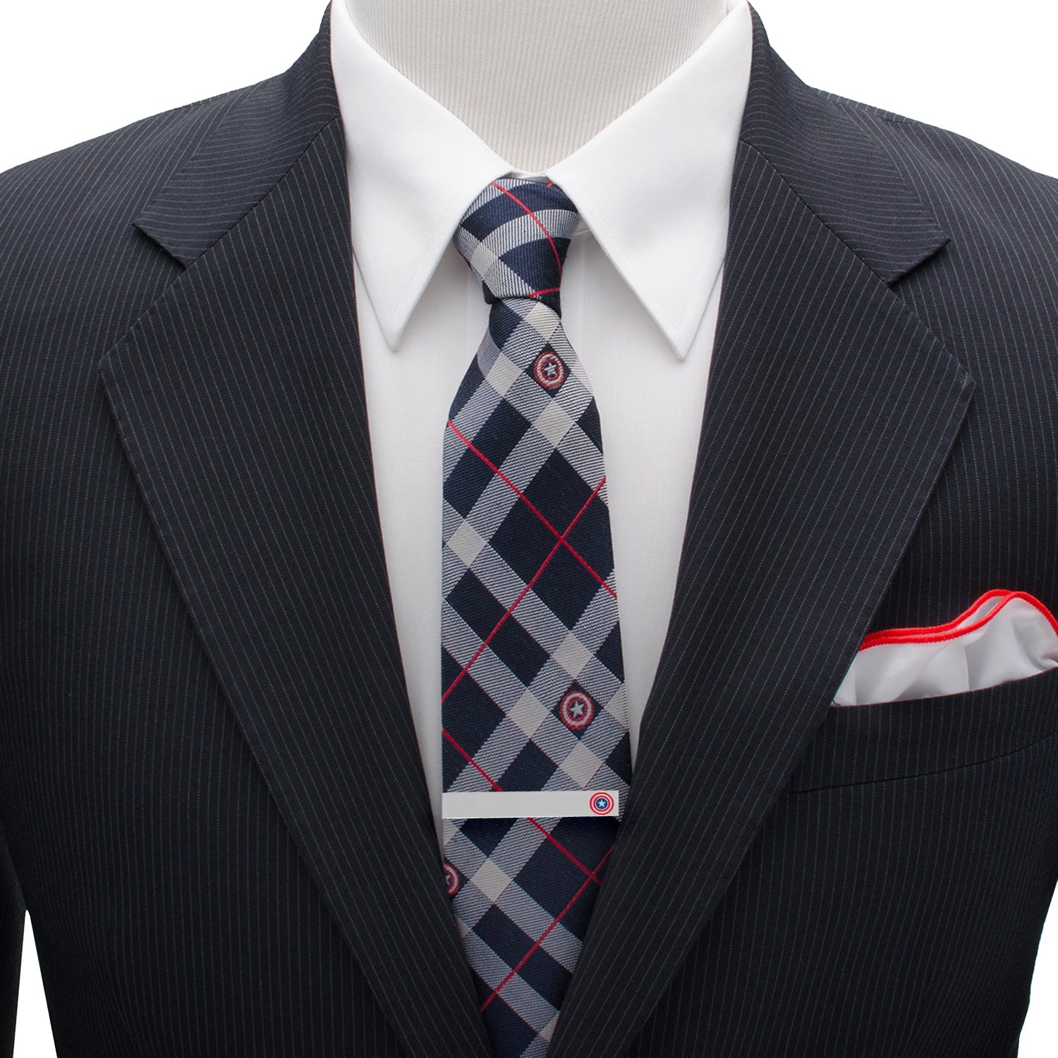 The Marvel Captain America Favorites Necktie Gift Set by Cufflinks.com features a silk tie, cufflinks, and tie clip with the Captain America shield, all presented on a white background.