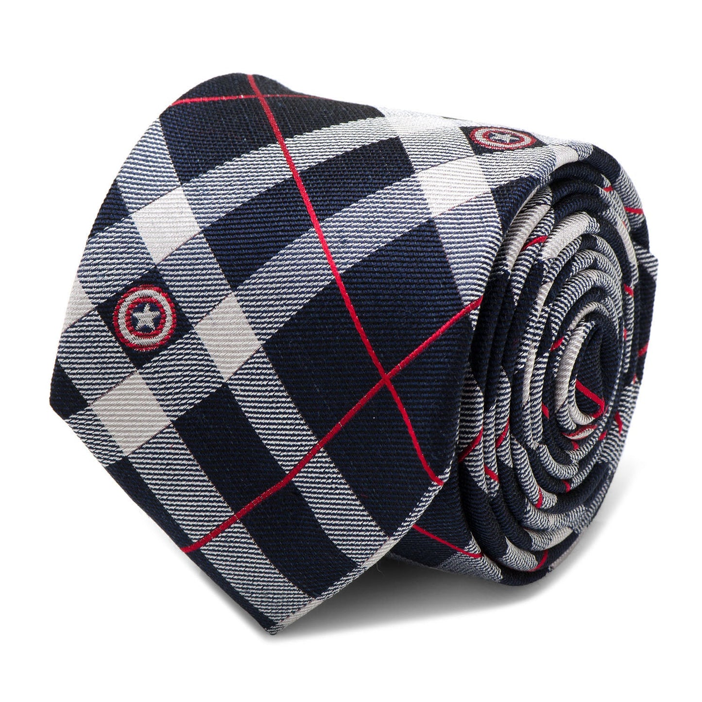 The Marvel Captain America Favorites Necktie Gift Set by Cufflinks.com features a silk tie, cufflinks, and tie clip with the Captain America shield, all presented on a white background.