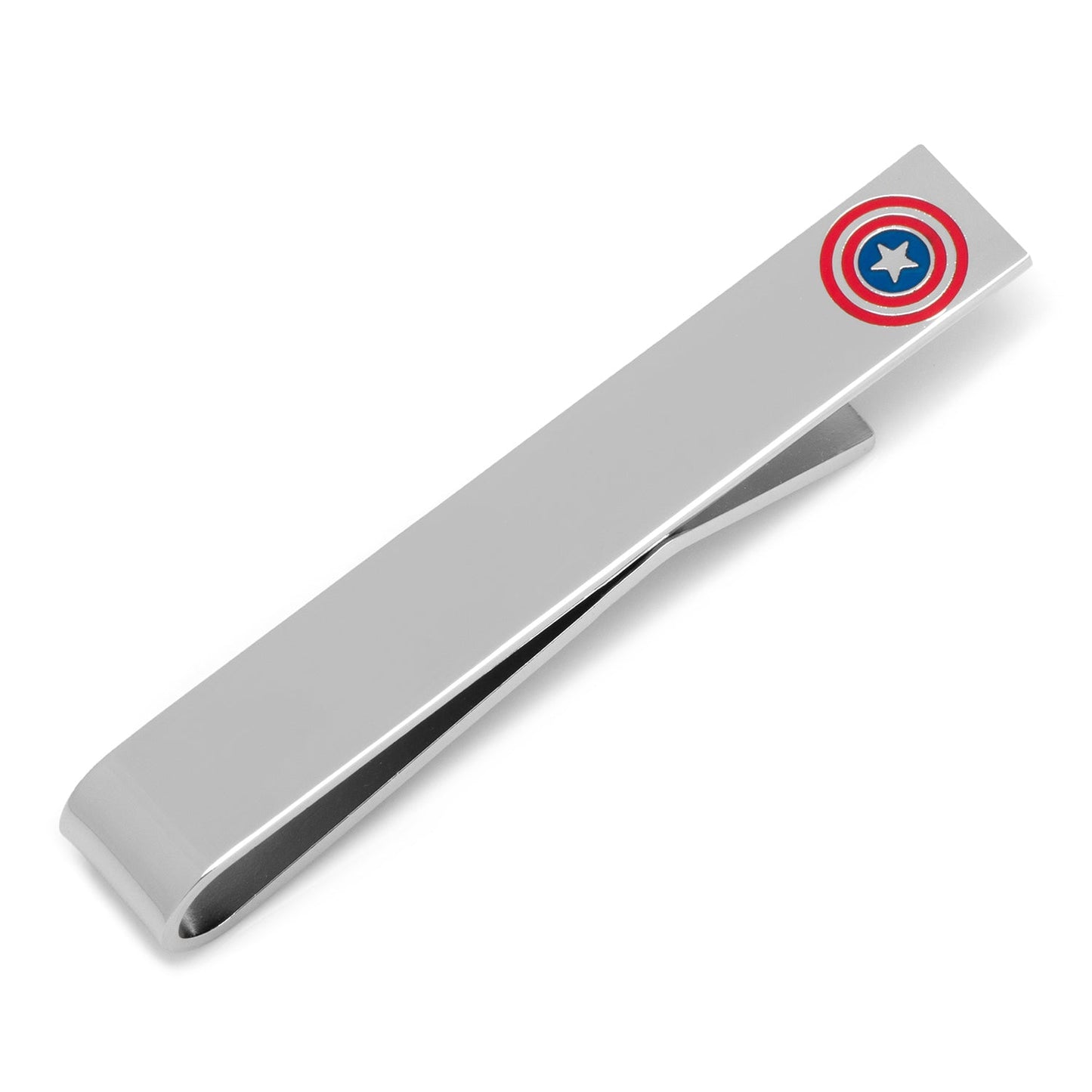 The Marvel Captain America Favorites Necktie Gift Set by Cufflinks.com features a silk tie, cufflinks, and tie clip with the Captain America shield, all presented on a white background.
