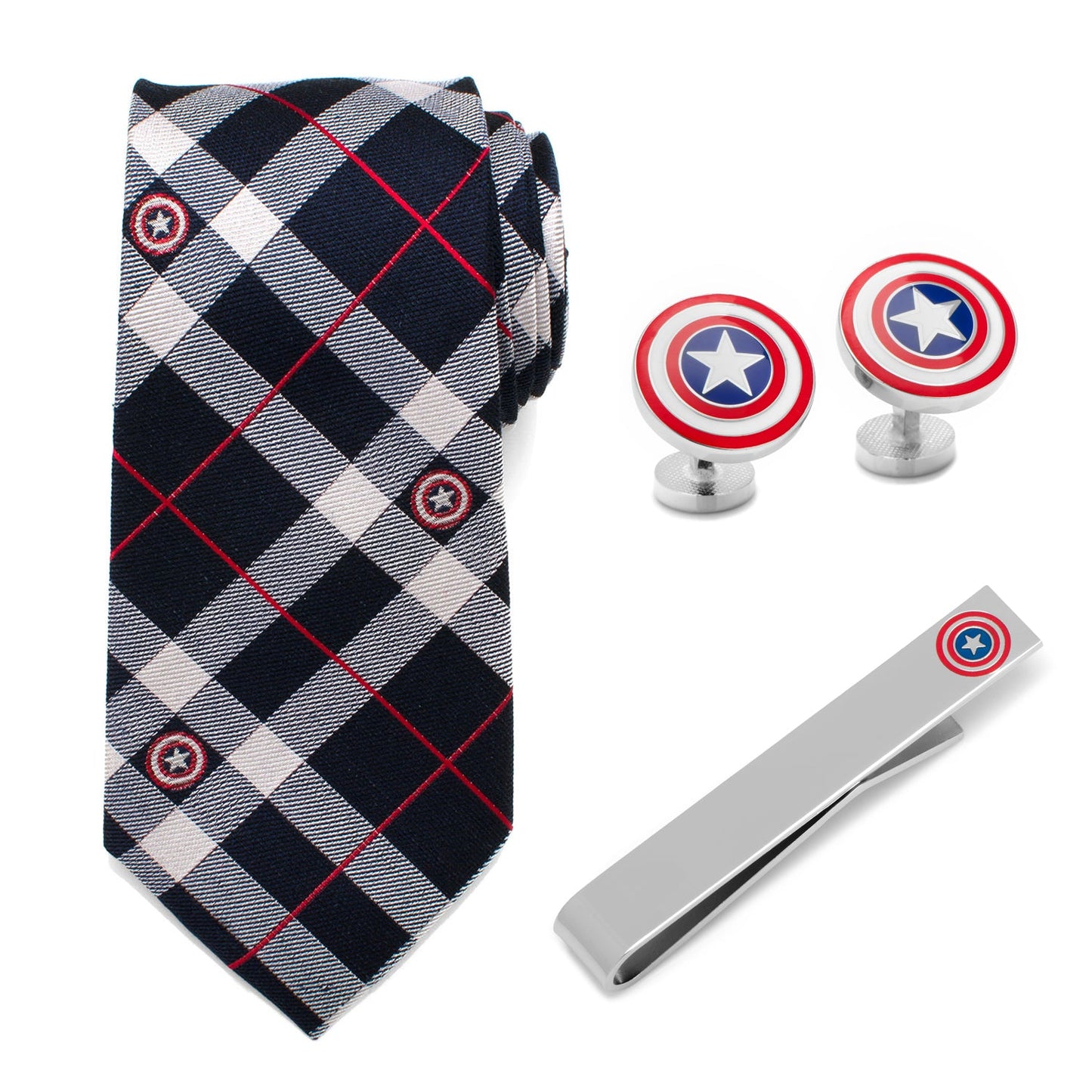 The Marvel Captain America Favorites Necktie Gift Set by Cufflinks.com features a silk tie, cufflinks, and tie clip with the Captain America shield, all presented on a white background.