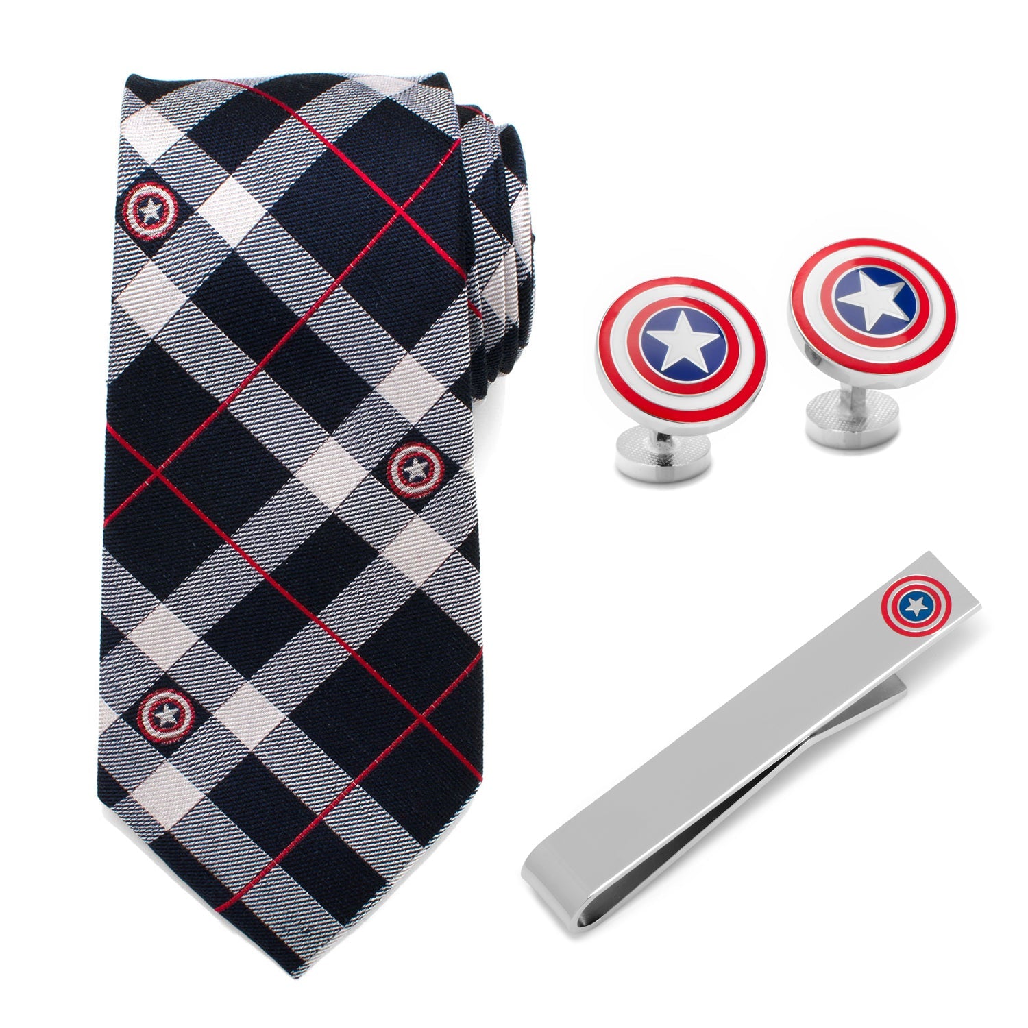 The Marvel Captain America Favorites Necktie Gift Set by Cufflinks.com features a silk tie, cufflinks, and tie clip with the Captain America shield, all presented on a white background.