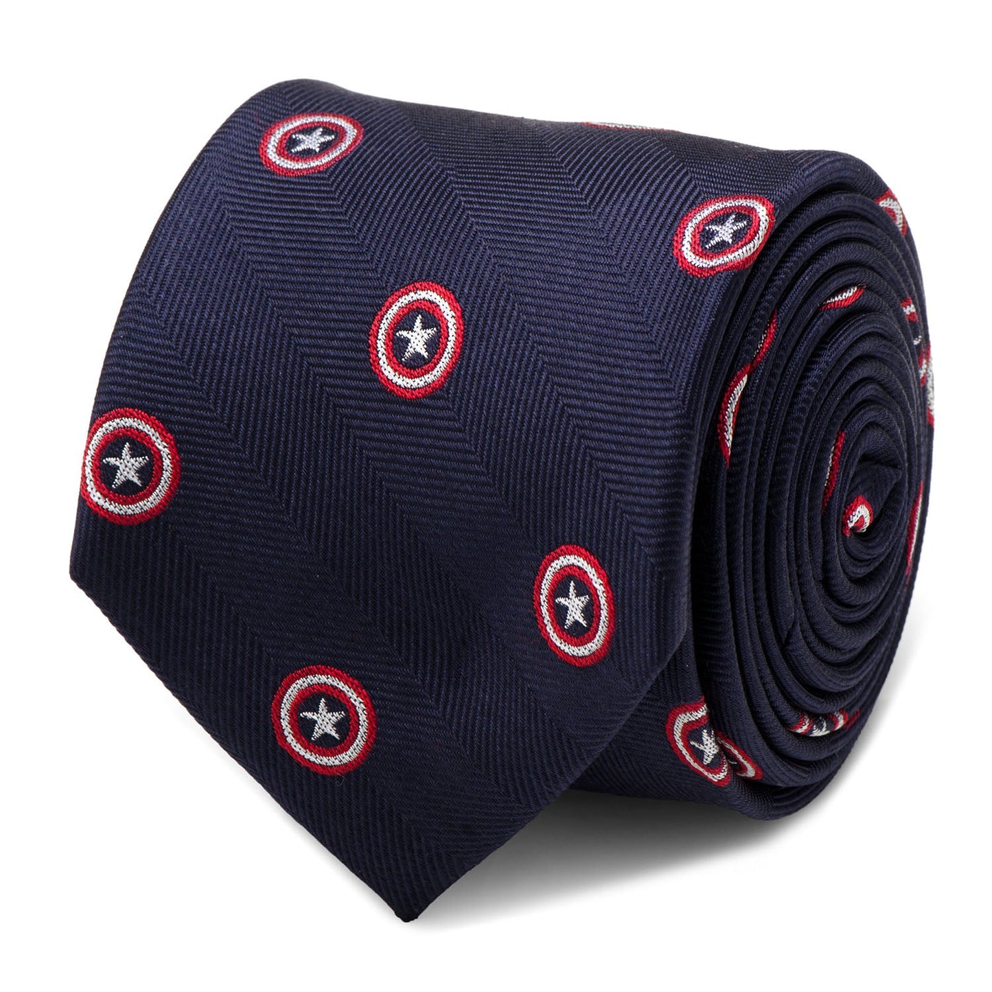 The Marvel Captain America Navy Tie from Cufflinks.com features a dark blue silk herringbone pattern decorated with small red and white outlined star emblems—perfect for any Marvel fan seeking an elegant, heroic accessory.