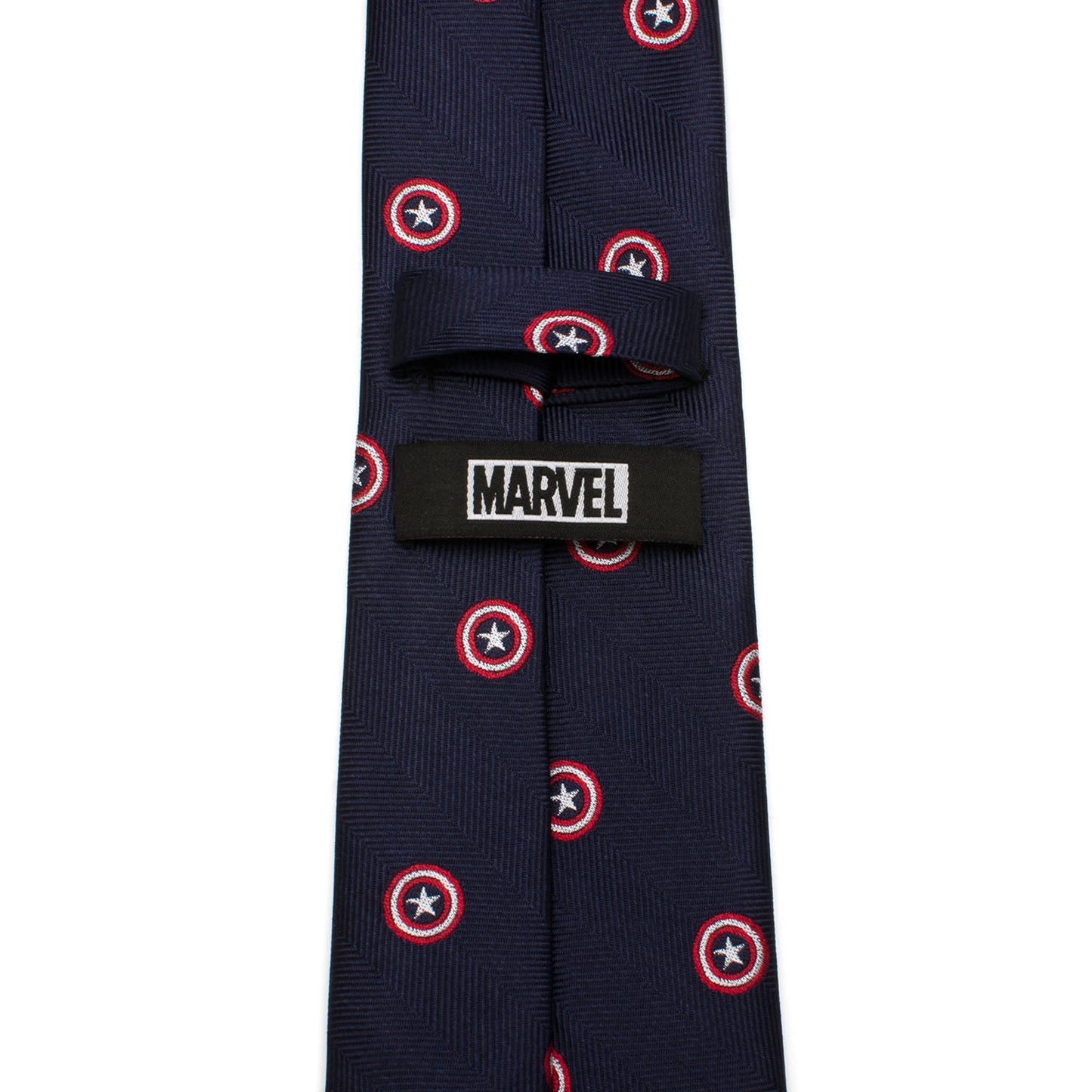 The Marvel Captain America Navy Tie from Cufflinks.com features a dark blue silk herringbone pattern decorated with small red and white outlined star emblems—perfect for any Marvel fan seeking an elegant, heroic accessory.