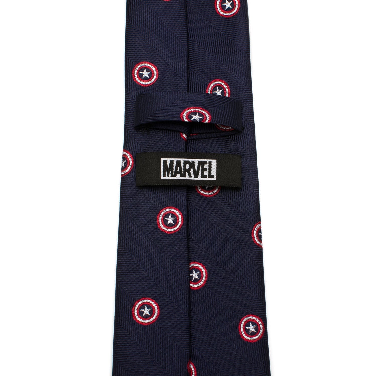 The Marvel Captain America Navy Tie from Cufflinks.com features a dark blue silk herringbone pattern decorated with small red and white outlined star emblems—perfect for any Marvel fan seeking an elegant, heroic accessory.