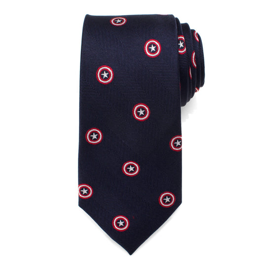 The Marvel Captain America Navy Tie from Cufflinks.com features a dark blue silk herringbone pattern decorated with small red and white outlined star emblems—perfect for any Marvel fan seeking an elegant, heroic accessory.