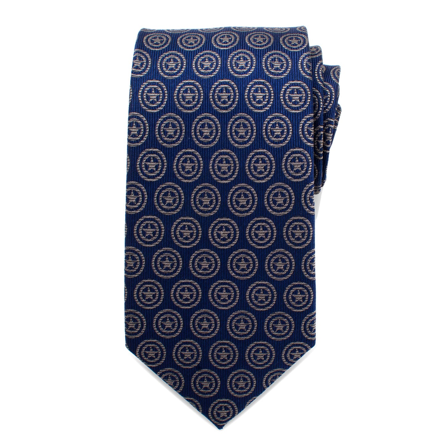 The Marvel Captain America Shield Blue Men's Tie by Cufflinks.com is a blue silk tie featuring a repeating shield pattern inspired by Captain America.