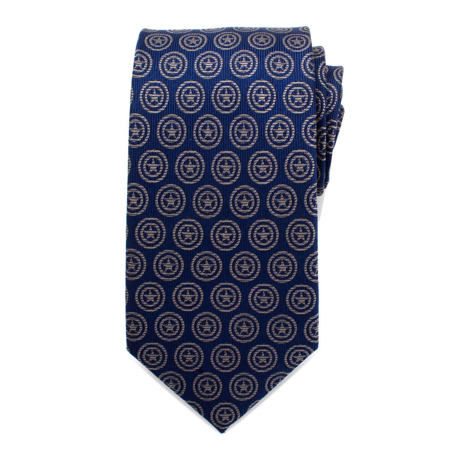 The Marvel Captain America Shield Blue Men's Tie by Cufflinks.com is a blue silk tie featuring a repeating shield pattern inspired by Captain America.