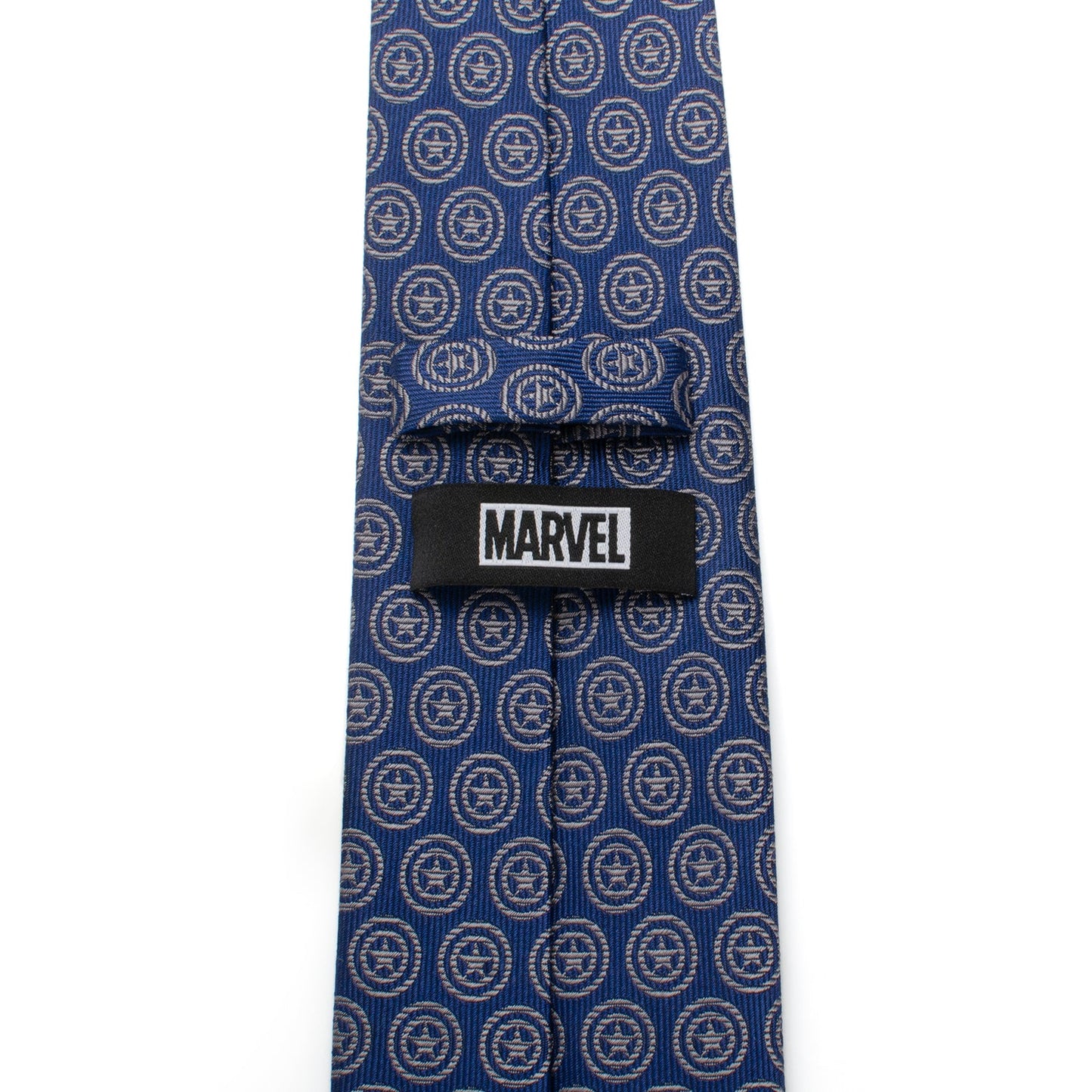 The Marvel Captain America Shield Blue Men's Tie by Cufflinks.com is a blue silk tie featuring a repeating shield pattern inspired by Captain America.