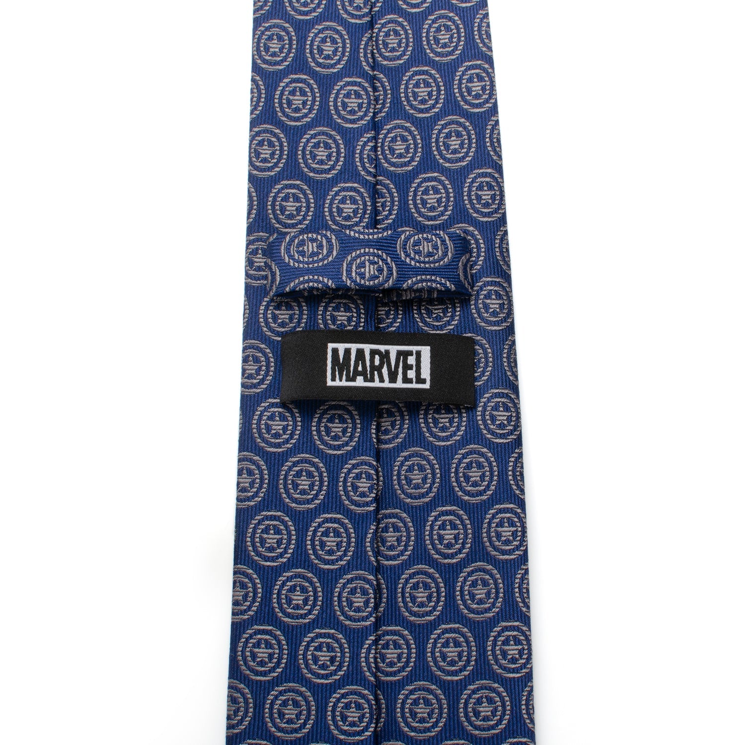 The Marvel Captain America Shield Blue Men's Tie by Cufflinks.com is a blue silk tie featuring a repeating shield pattern inspired by Captain America.