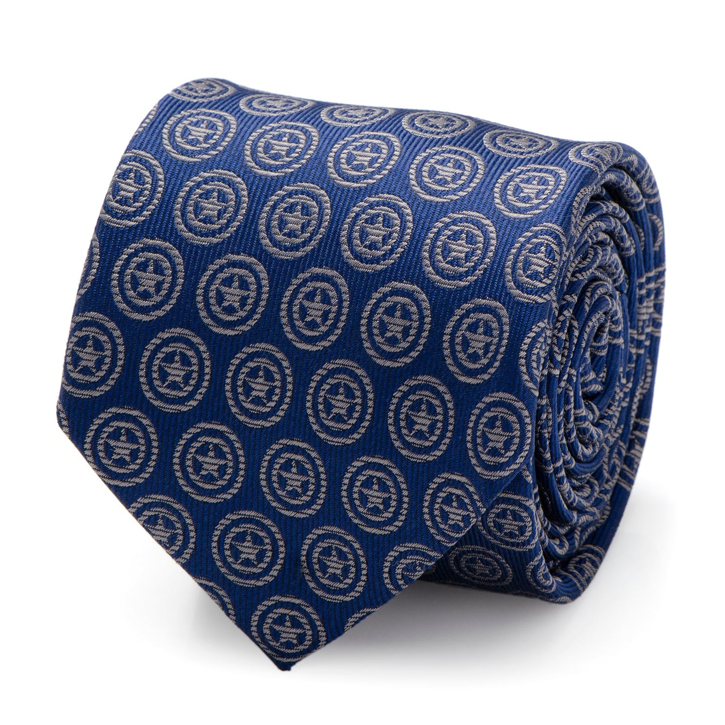 The Marvel Captain America Shield Blue Men's Tie by Cufflinks.com is a blue silk tie featuring a repeating shield pattern inspired by Captain America.