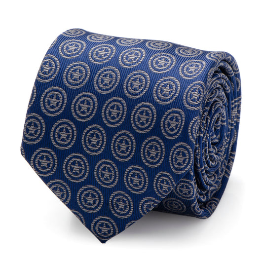 The Marvel Captain America Shield Blue Men's Tie by Cufflinks.com is a blue silk tie featuring a repeating shield pattern inspired by Captain America.