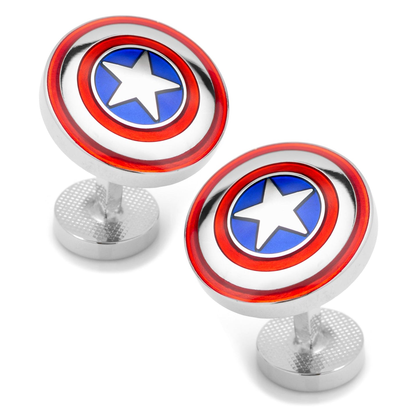 Add a heroic Avengers touch with Marvel Avengers Captain America Shield Cufflinks by Cufflinks.com, featuring one cufflink with Cap’s shield and one with the Marvel logo in black and white.