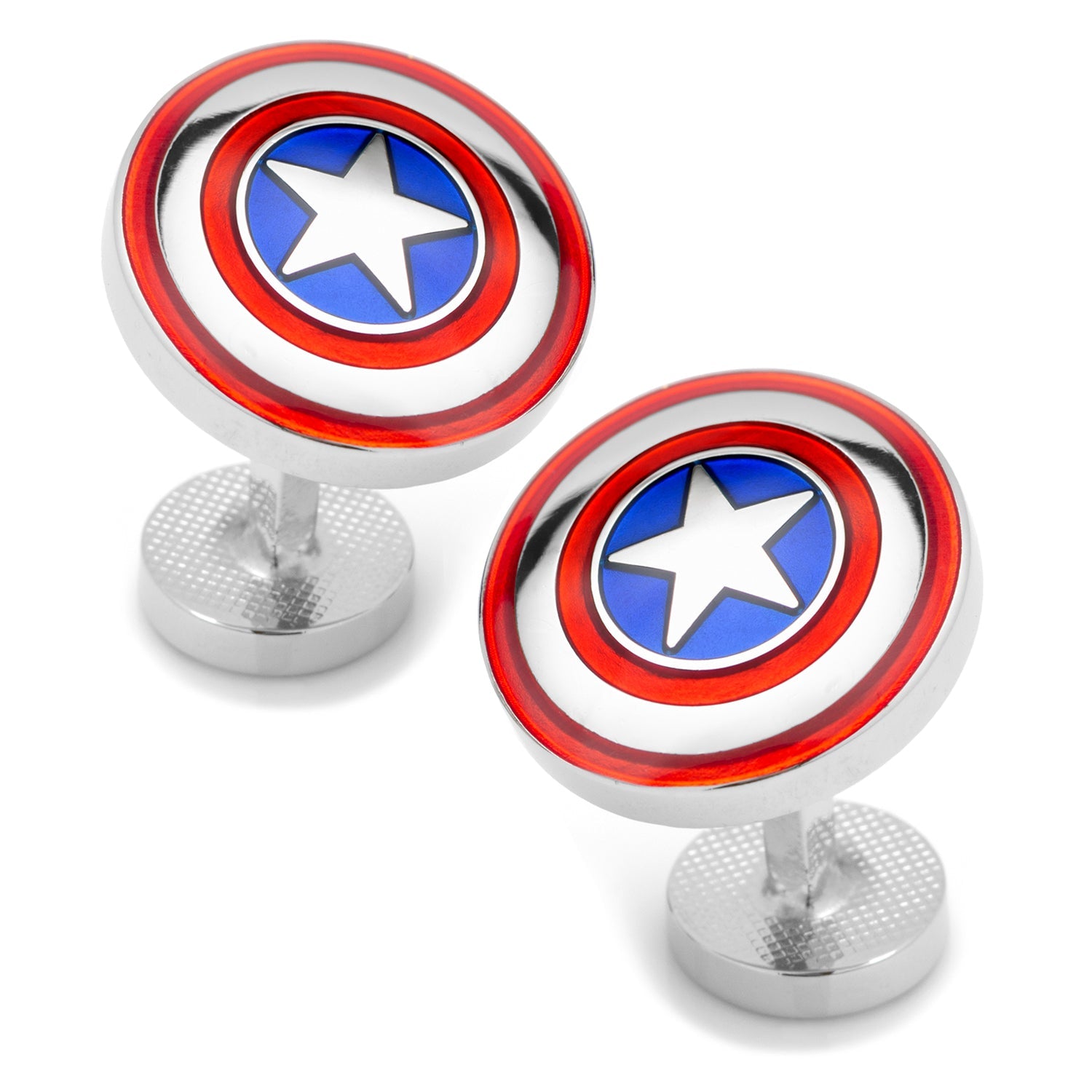 Add a heroic Avengers touch with Marvel Avengers Captain America Shield Cufflinks by Cufflinks.com, featuring one cufflink with Cap’s shield and one with the Marvel logo in black and white.
