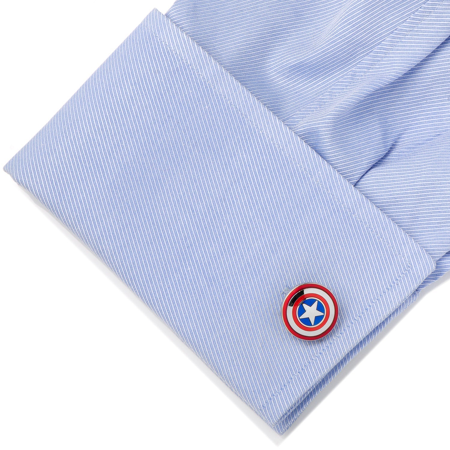 Add a heroic Avengers touch with Marvel Avengers Captain America Shield Cufflinks by Cufflinks.com, featuring one cufflink with Cap’s shield and one with the Marvel logo in black and white.