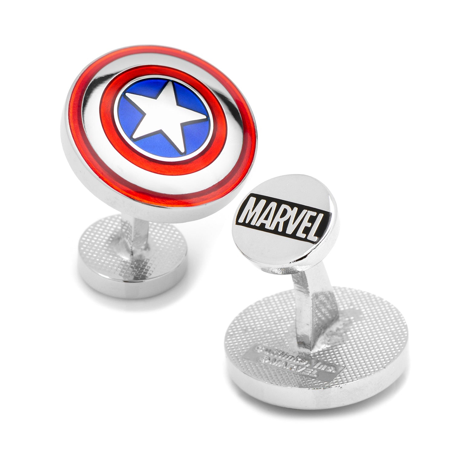 Add a heroic Avengers touch with Marvel Avengers Captain America Shield Cufflinks by Cufflinks.com, featuring one cufflink with Cap’s shield and one with the Marvel logo in black and white.