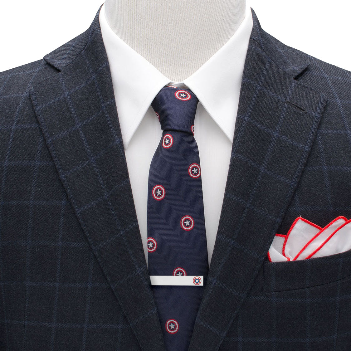 The Marvel Captain America Shield Tie Bar by Cufflinks.com features a silver-plated finish and a small Captain America Shield emblem on one end.