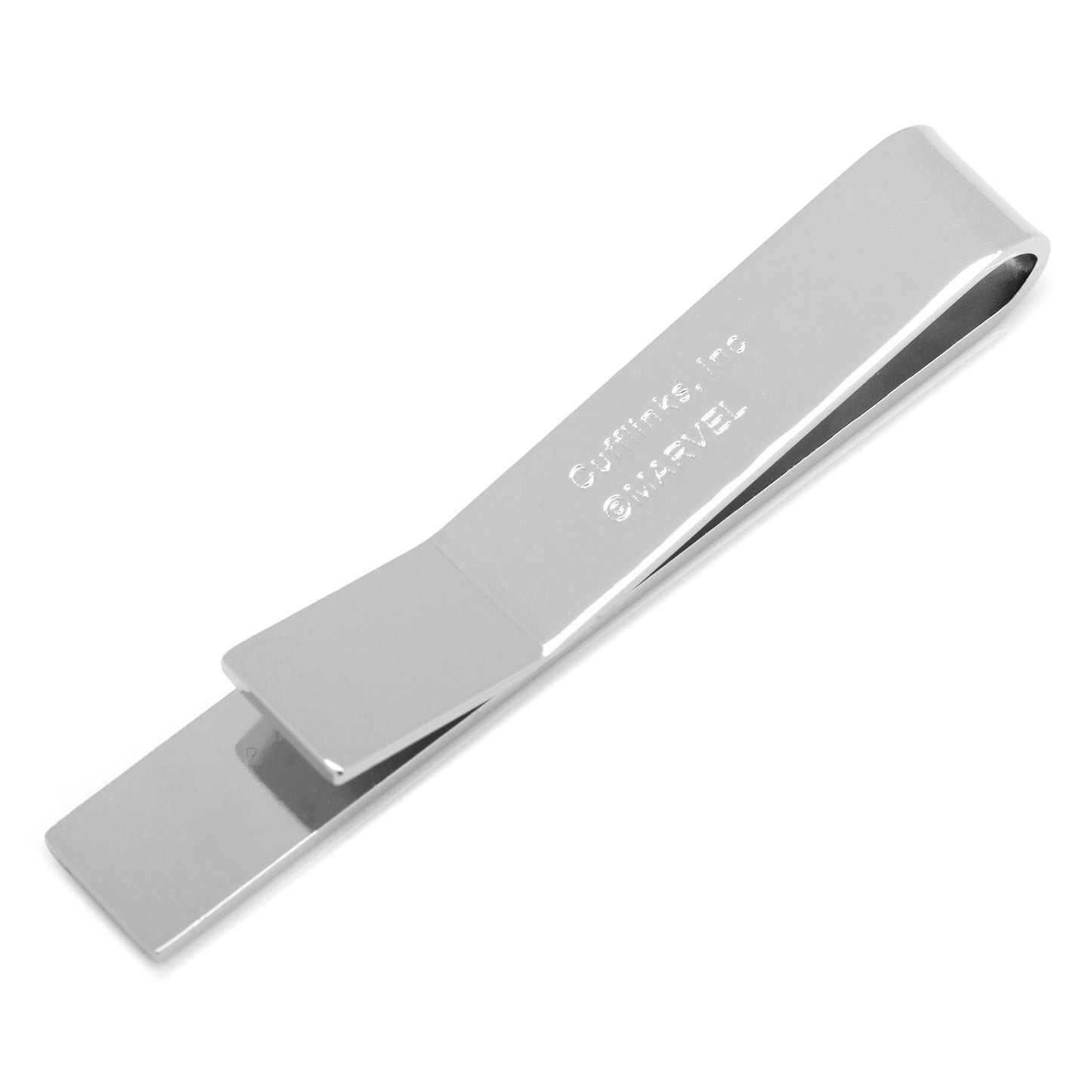 The Marvel Captain America Shield Tie Bar by Cufflinks.com features a silver-plated finish and a small Captain America Shield emblem on one end.