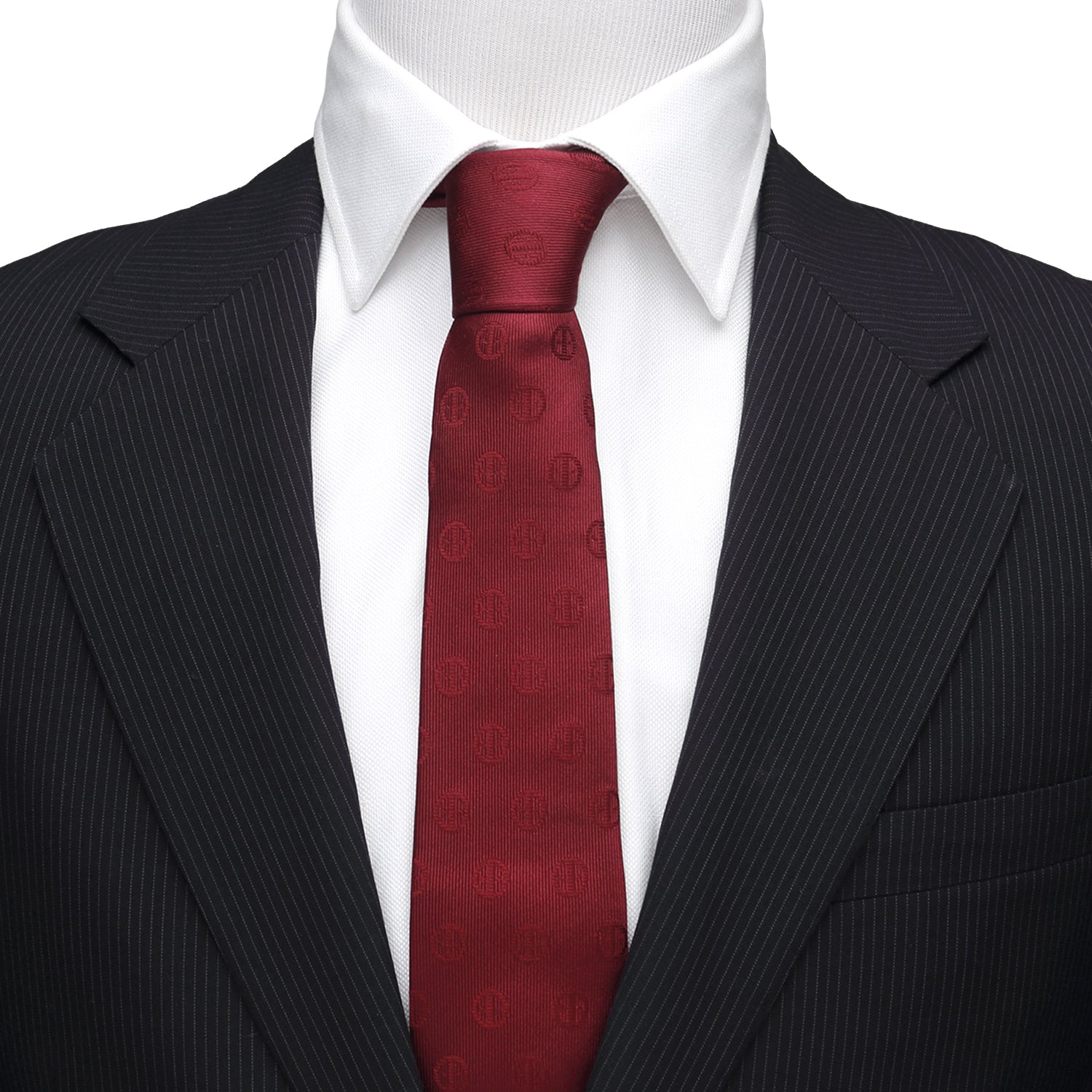 The Marvel Deadpool Maroon Men's Tie by Cufflinks.com features a subtle circular pattern and is displayed rolled-up on a white background.