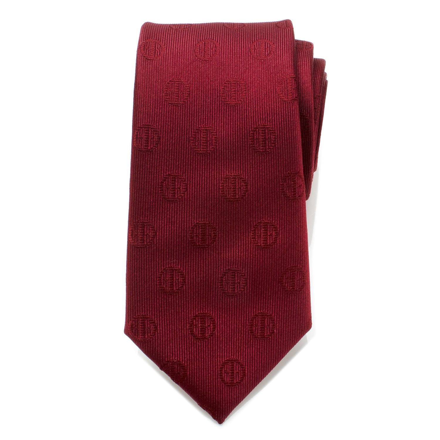 The Marvel Deadpool Maroon Men's Tie by Cufflinks.com features a subtle circular pattern and is displayed rolled-up on a white background.