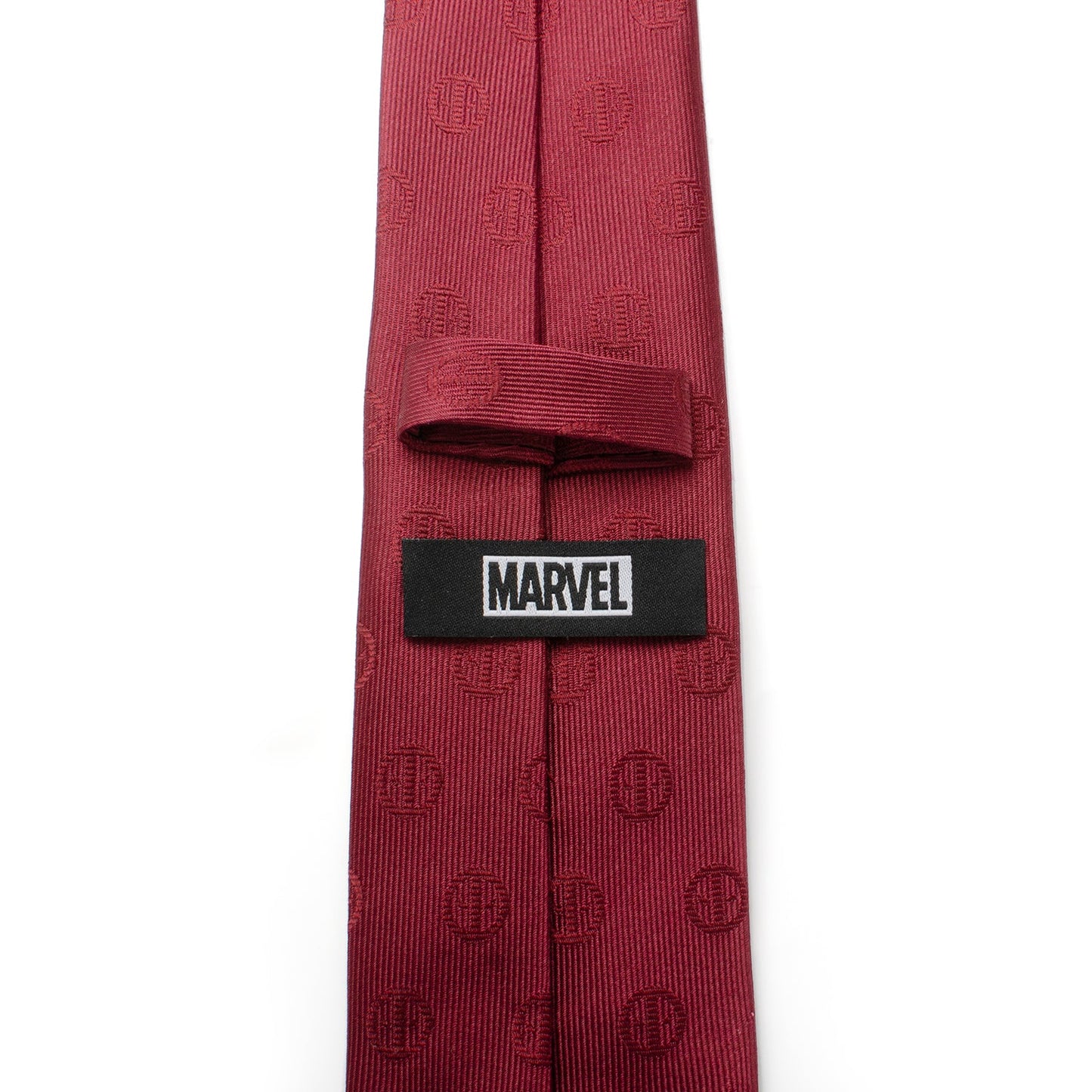 The Marvel Deadpool Maroon Men's Tie by Cufflinks.com features a subtle circular pattern and is displayed rolled-up on a white background.