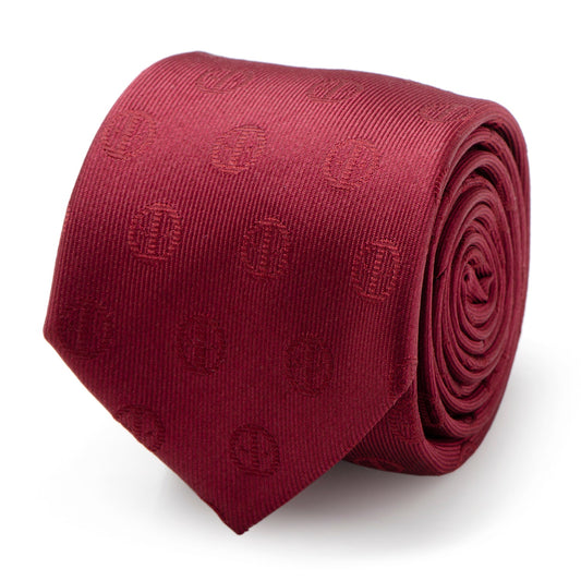 The Marvel Deadpool Maroon Men's Tie by Cufflinks.com features a subtle circular pattern and is displayed rolled-up on a white background.