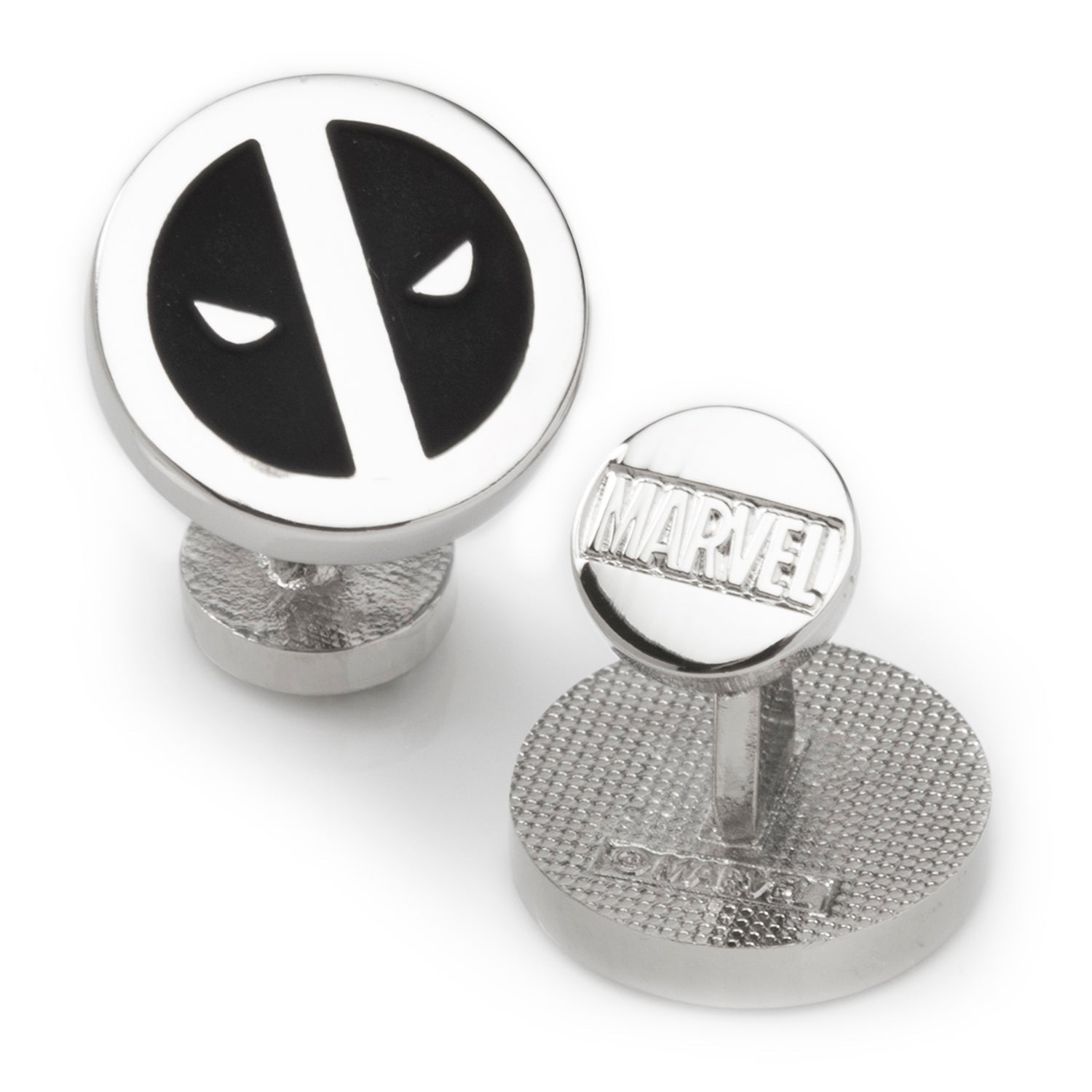 The Marvel Deadpool Cufflinks and Tie Bar Gift Set by Cufflinks.com features silver round cufflinks and a tie bar with black and white mask logos—ideal Marvel accessories for any fan.