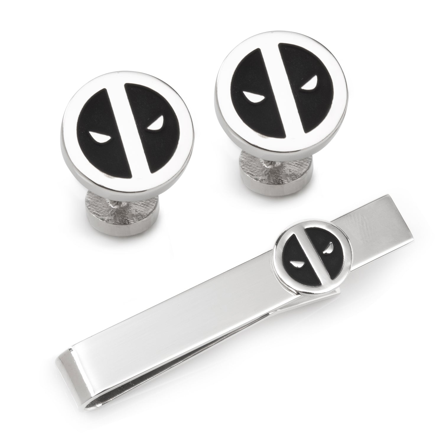 The Marvel Deadpool Cufflinks and Tie Bar Gift Set by Cufflinks.com features silver round cufflinks and a tie bar with black and white mask logos—ideal Marvel accessories for any fan.