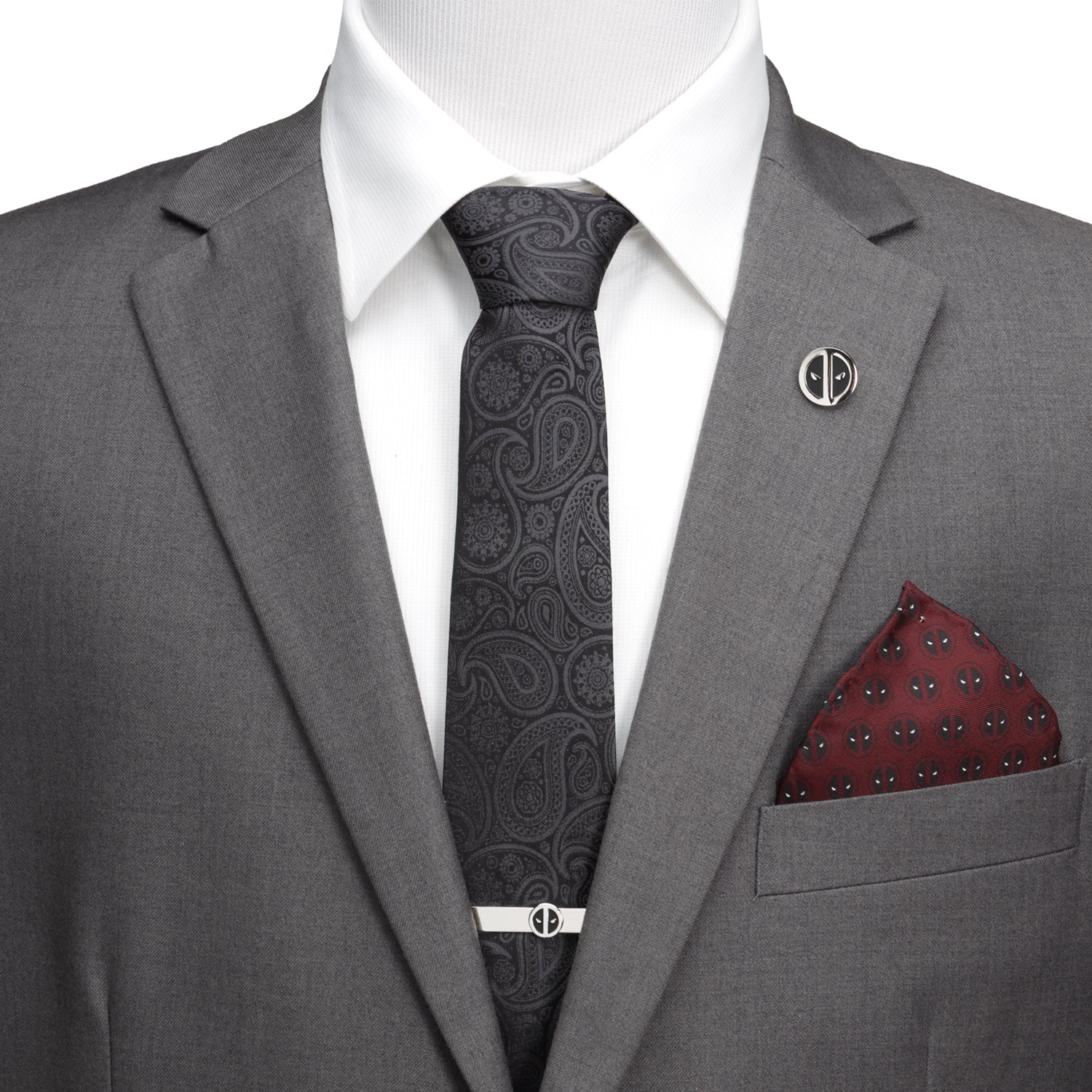 The Marvel Deadpool Hidden Paisley Black Silk Men's Tie by Cufflinks.com features a subtle masked Deadpool pattern, making it a sophisticated accessory for any fan.