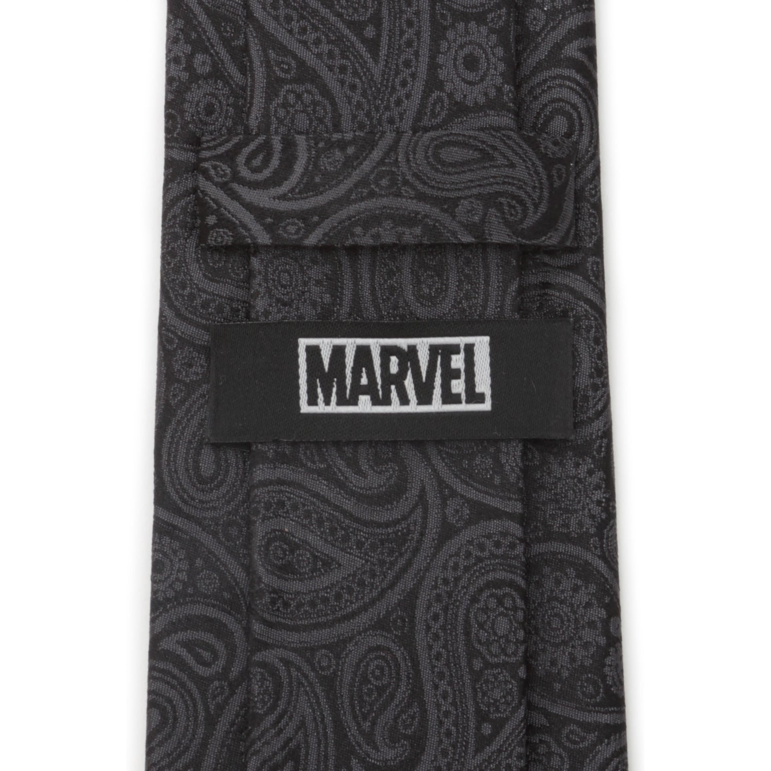 The Marvel Deadpool Hidden Paisley Black Silk Men's Tie by Cufflinks.com features a subtle masked Deadpool pattern, making it a sophisticated accessory for any fan.