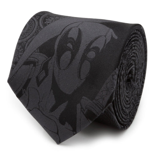 The Marvel Deadpool Hidden Paisley Black Silk Men's Tie by Cufflinks.com features a subtle masked Deadpool pattern, making it a sophisticated accessory for any fan.