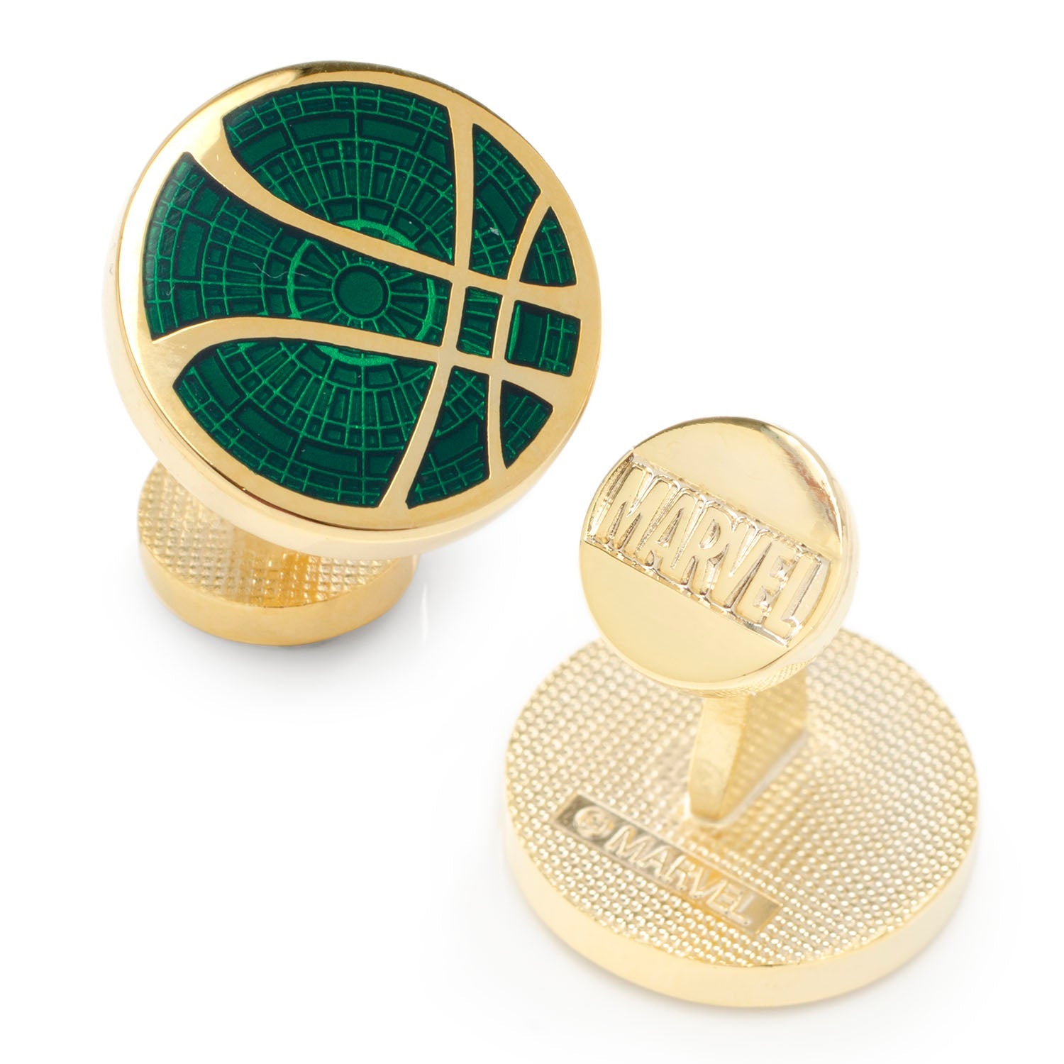 A pair of Marvel Doctor Strange Symbol Cufflinks by Cufflinks.com, featuring round gold-toned faces with green centers and the iconic Doctor Strange emblem on each.