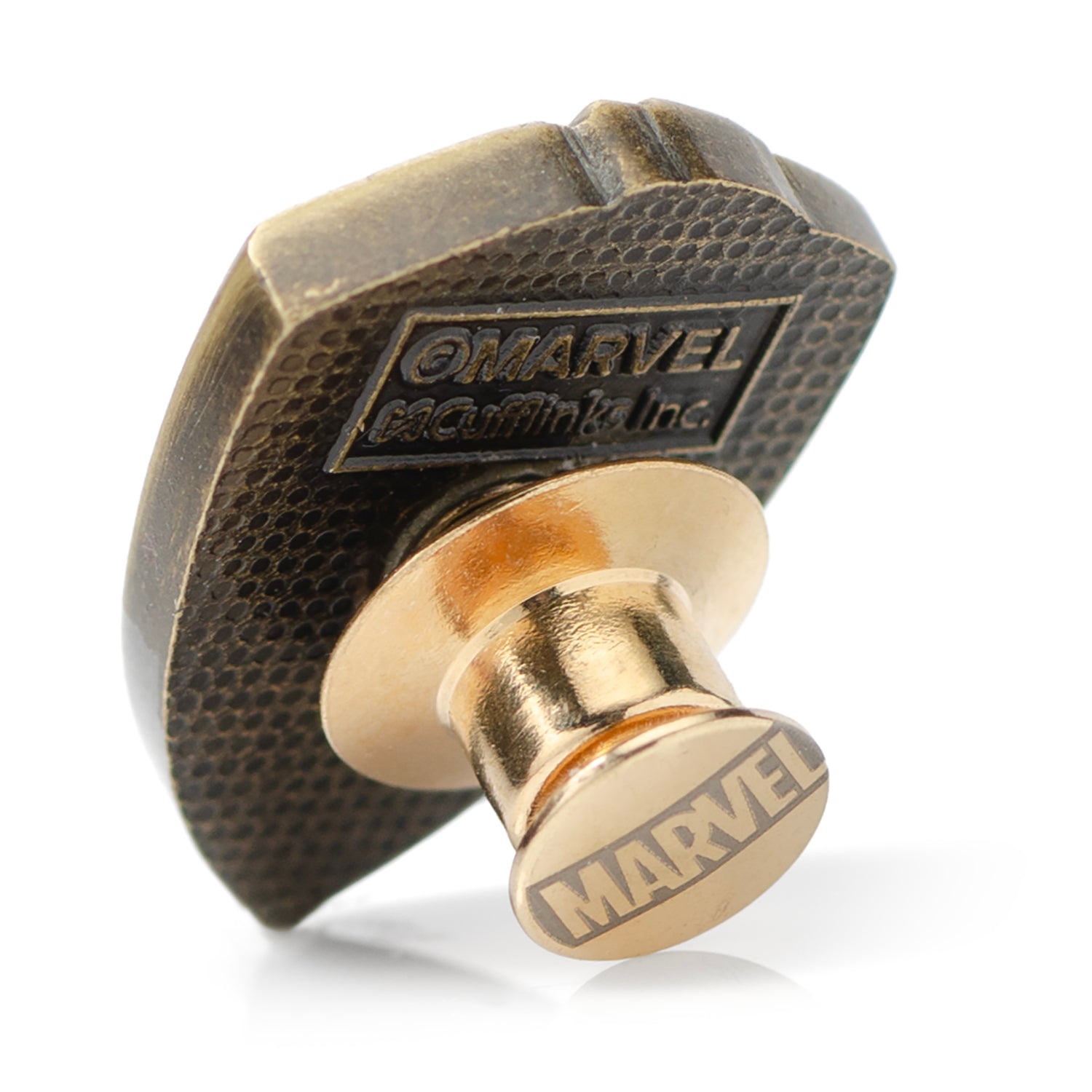 A pair of blue Guardians of the Galaxy Groot and Rocket argyle socks by Cufflinks.com, displayed next to a Marvel card with a gold mask, from the Marvel Groot Rocket Argyle Blue Gift Set.