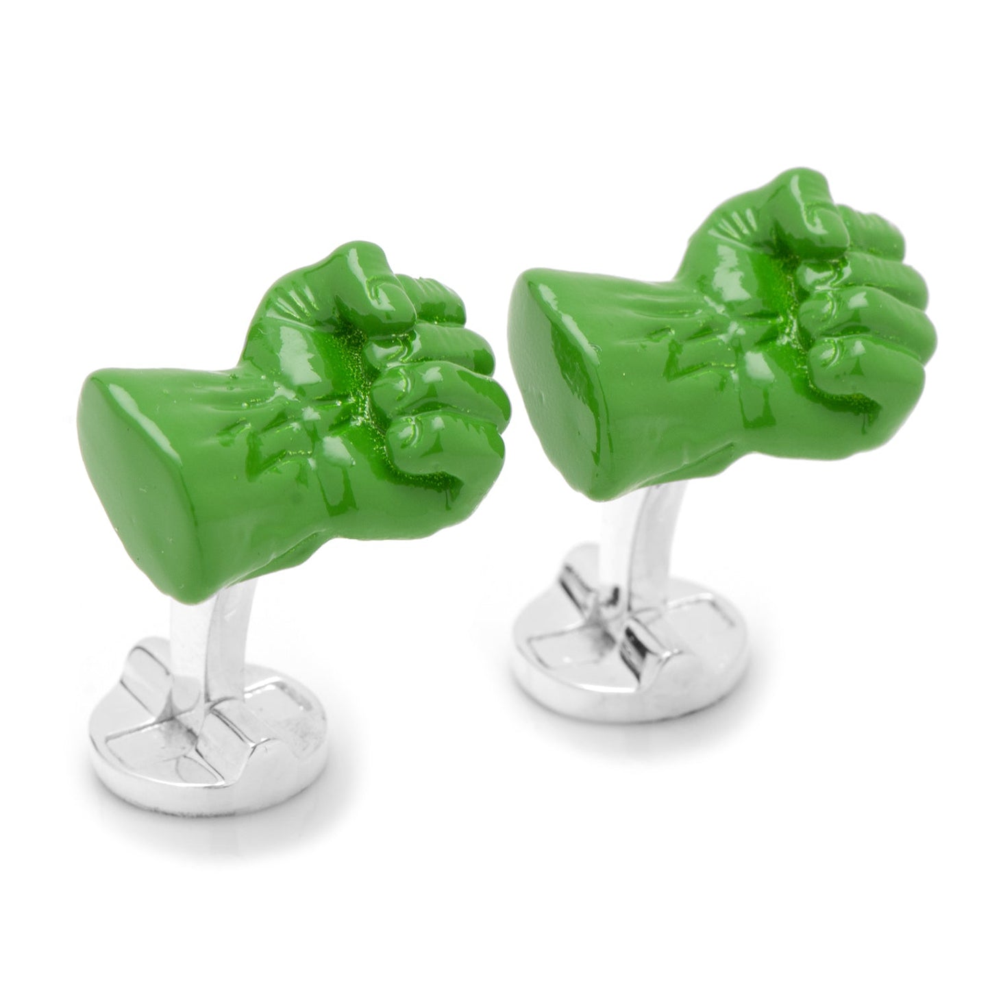 Marvel Hulk Fist 3D Cufflinks by Cufflinks.com—officially licensed green fist-shaped cufflinks, one with a silver oval engraved with the Marvel logo. Perfect gift for any Avengers fan.