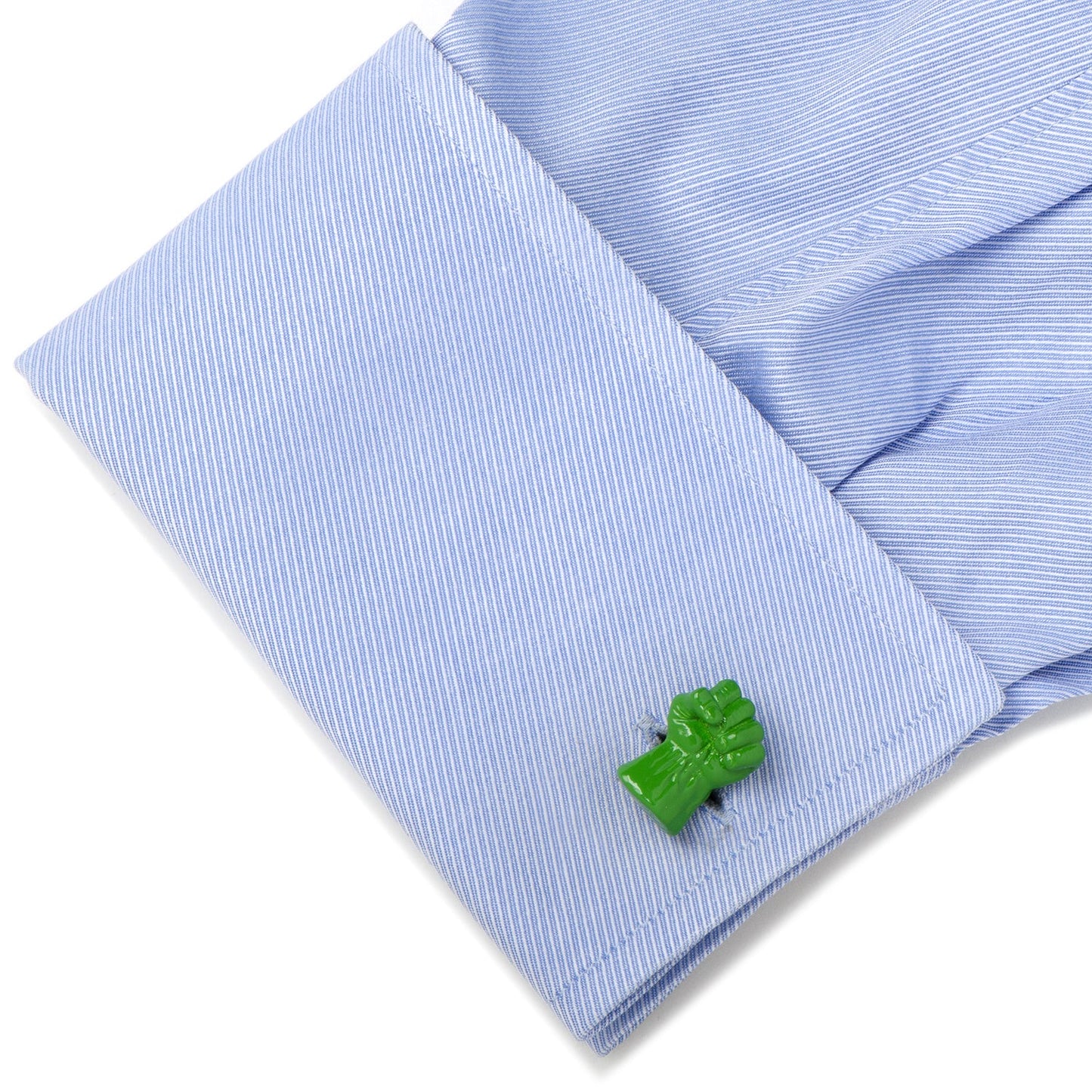 Marvel Hulk Fist 3D Cufflinks by Cufflinks.com—officially licensed green fist-shaped cufflinks, one with a silver oval engraved with the Marvel logo. Perfect gift for any Avengers fan.