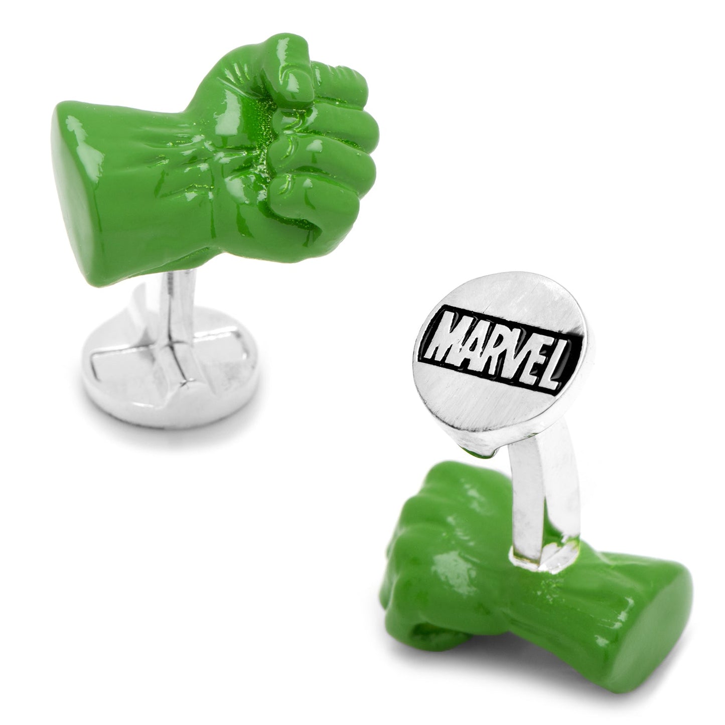 Marvel Hulk Fist 3D Cufflinks by Cufflinks.com—officially licensed green fist-shaped cufflinks, one with a silver oval engraved with the Marvel logo. Perfect gift for any Avengers fan.