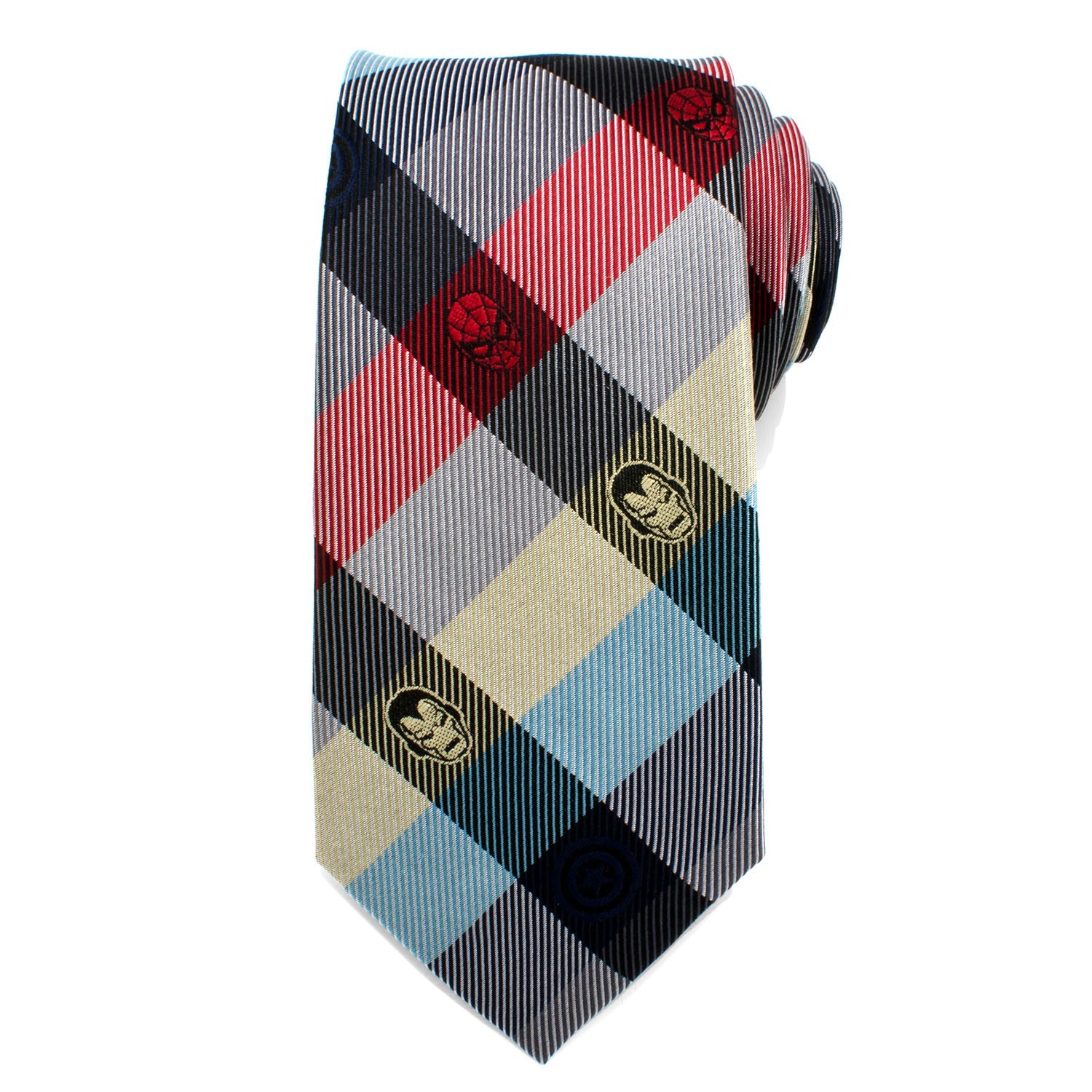 The Marvel Comics Plaid Men's Tie by Cufflinks.com is a rolled-up tie with a light blue, yellow, red, and navy plaid pattern featuring small superhero logos in some sections.