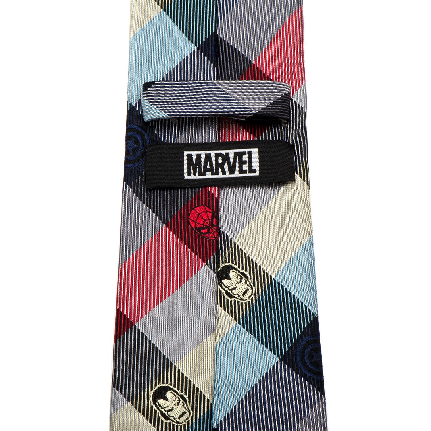 The Marvel Comics Plaid Men's Tie by Cufflinks.com is a rolled-up tie with a light blue, yellow, red, and navy plaid pattern featuring small superhero logos in some sections.