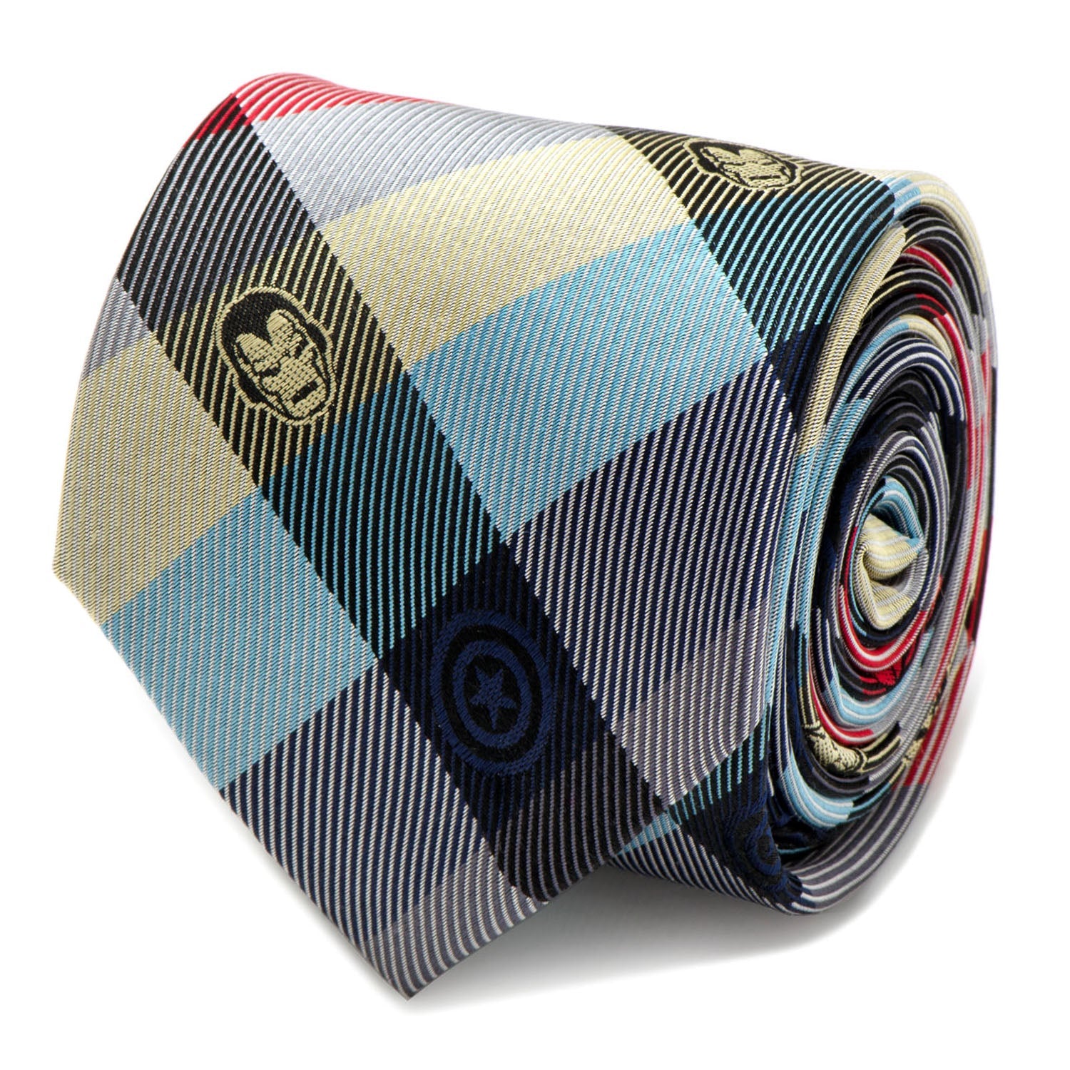 The Marvel Comics Plaid Men's Tie by Cufflinks.com is a rolled-up tie with a light blue, yellow, red, and navy plaid pattern featuring small superhero logos in some sections.