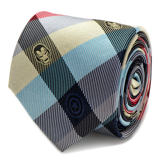 The Marvel Comics Plaid Men's Tie by Cufflinks.com is a rolled-up tie with a light blue, yellow, red, and navy plaid pattern featuring small superhero logos in some sections.