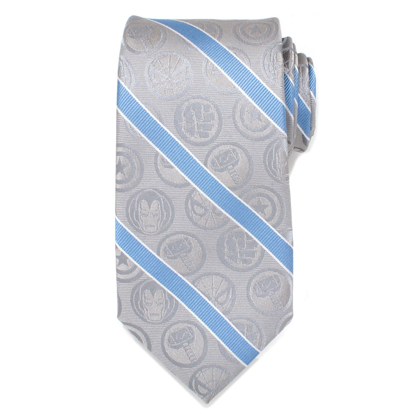 The Marvel Comics Gray and Blue Stripe Men's Tie by Cufflinks.com features silver-gray silk with light blue diagonal stripes and embossed superhero emblems—ideal for any Marvel Comics tie collector.