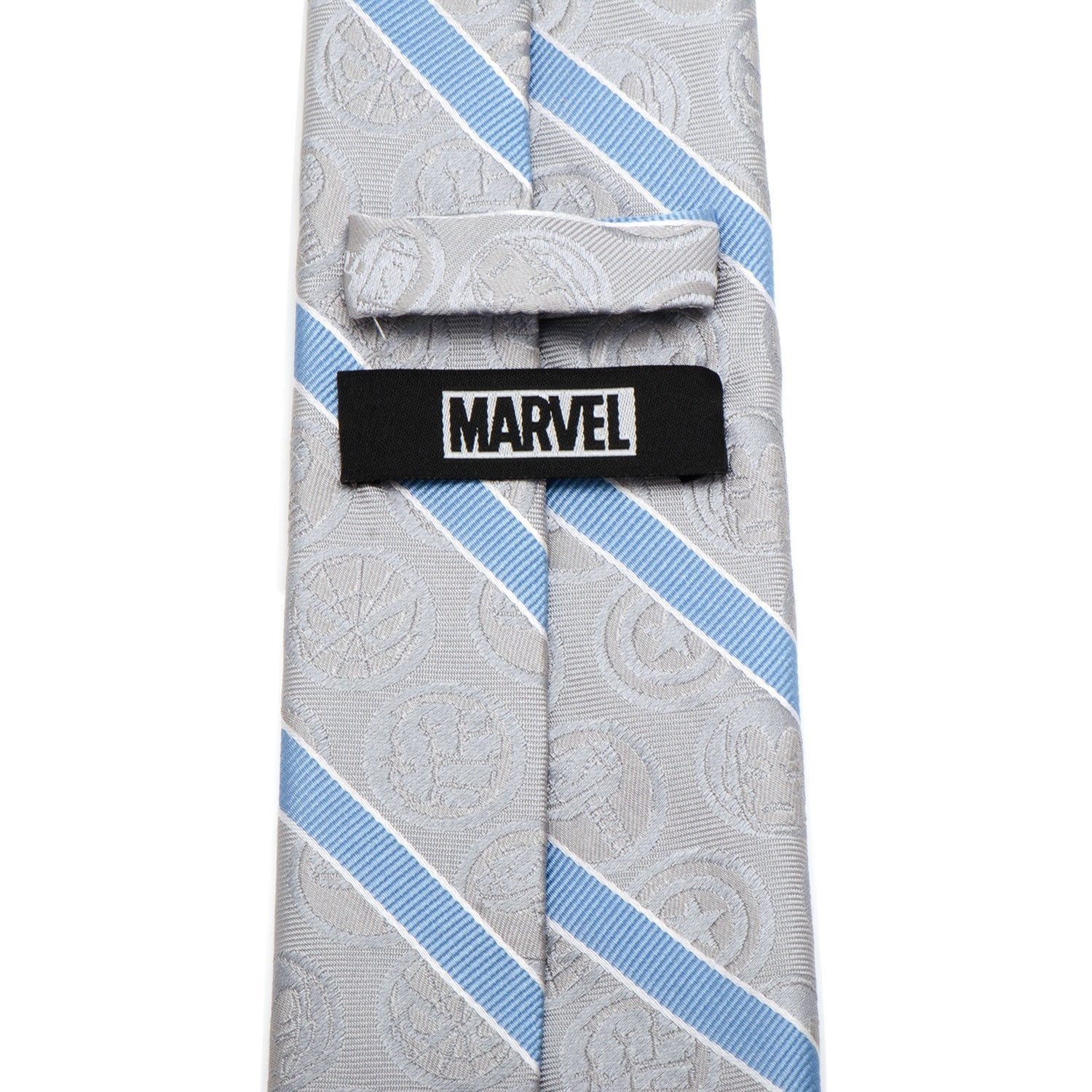 The Marvel Comics Gray and Blue Stripe Men's Tie by Cufflinks.com features silver-gray silk with light blue diagonal stripes and embossed superhero emblems—ideal for any Marvel Comics tie collector.