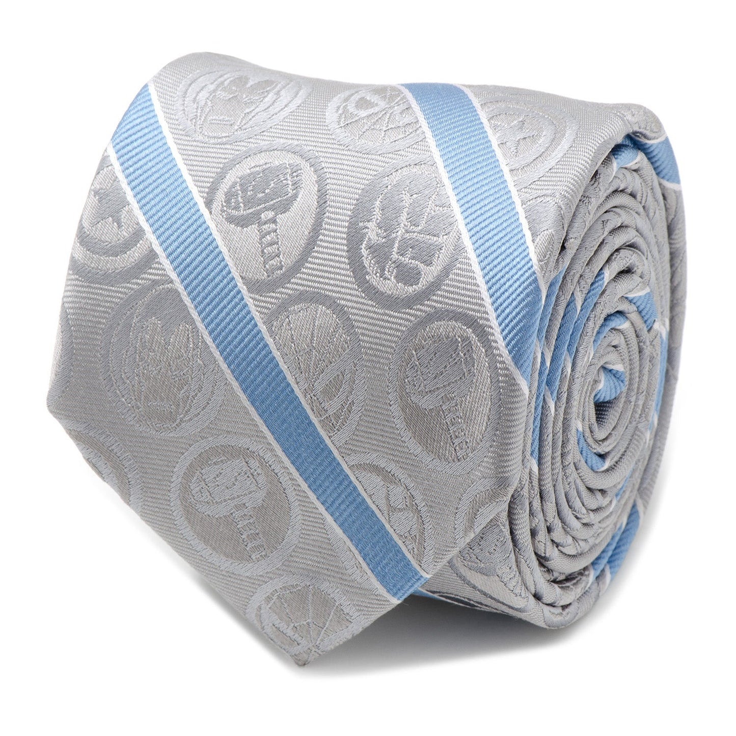 The Marvel Comics Gray and Blue Stripe Men's Tie by Cufflinks.com features silver-gray silk with light blue diagonal stripes and embossed superhero emblems—ideal for any Marvel Comics tie collector.