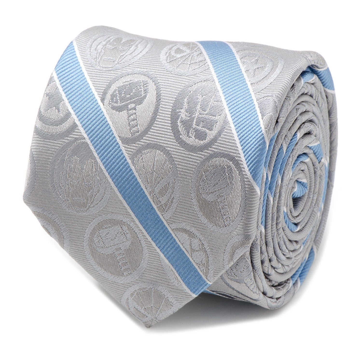 The Marvel Comics Gray and Blue Stripe Men's Tie by Cufflinks.com features silver-gray silk with light blue diagonal stripes and embossed superhero emblems—ideal for any Marvel Comics tie collector.