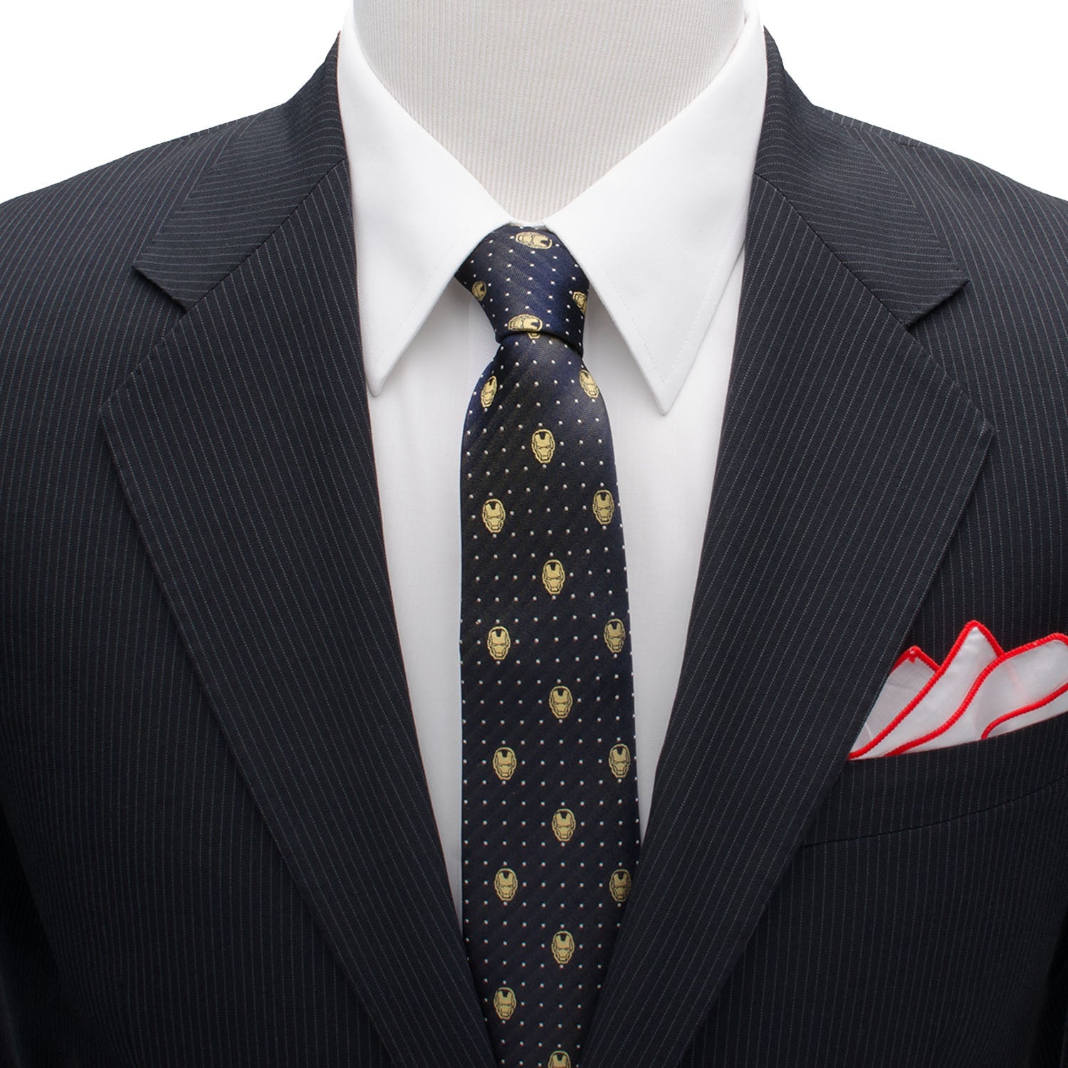 The Marvel Iron Man Gray Dot Tie by Cufflinks.com features a repeating pattern of small yellow Iron Man helmets and white polka dots—an ideal addition to any Marvel tie collection.