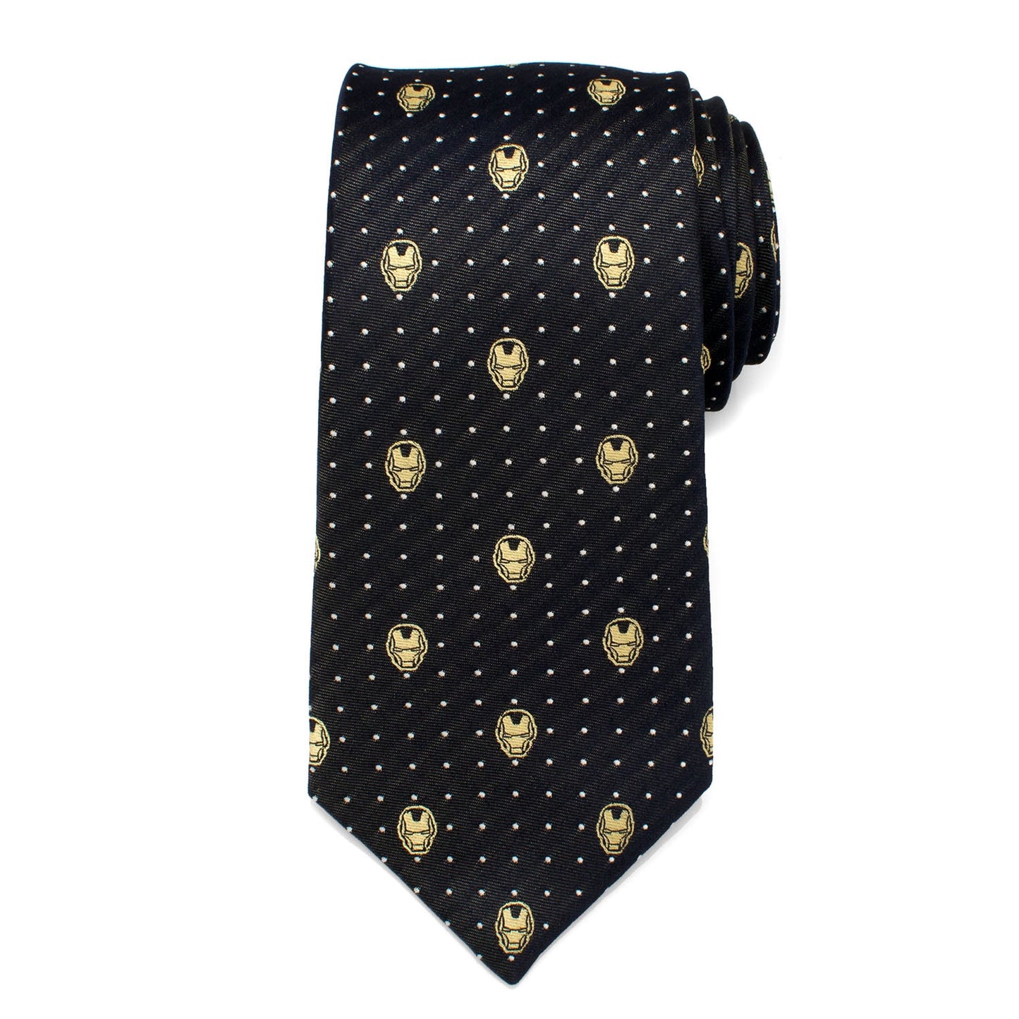 The Marvel Iron Man Gray Dot Tie by Cufflinks.com features a repeating pattern of small yellow Iron Man helmets and white polka dots—an ideal addition to any Marvel tie collection.