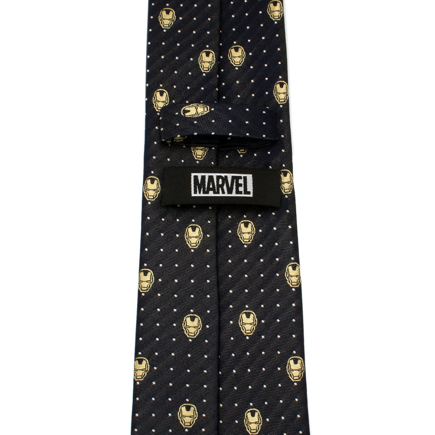The Marvel Iron Man Gray Dot Tie by Cufflinks.com features a repeating pattern of small yellow Iron Man helmets and white polka dots—an ideal addition to any Marvel tie collection.
