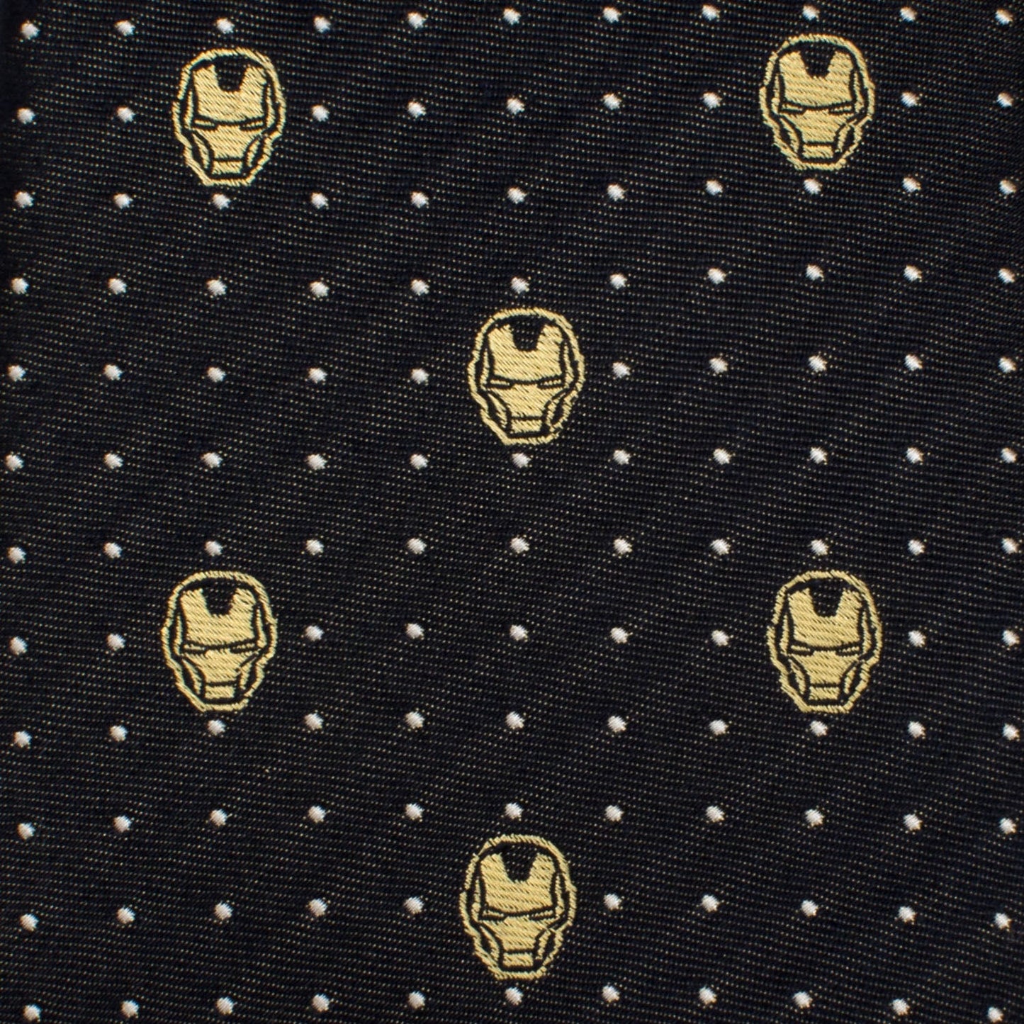 The Marvel Iron Man Gray Dot Tie by Cufflinks.com features a repeating pattern of small yellow Iron Man helmets and white polka dots—an ideal addition to any Marvel tie collection.