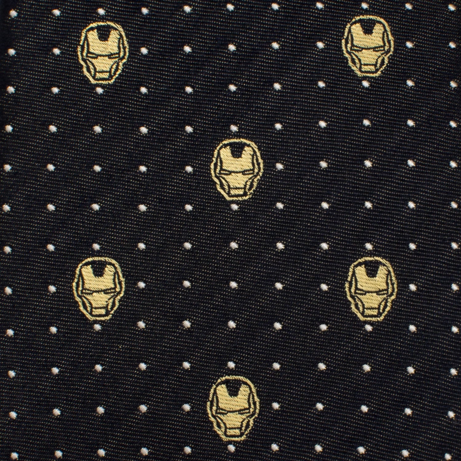 The Marvel Iron Man Gray Dot Tie by Cufflinks.com features a repeating pattern of small yellow Iron Man helmets and white polka dots—an ideal addition to any Marvel tie collection.