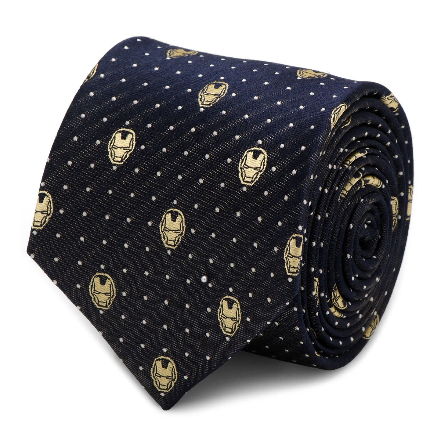 The Marvel Iron Man Gray Dot Tie by Cufflinks.com features a repeating pattern of small yellow Iron Man helmets and white polka dots—an ideal addition to any Marvel tie collection.