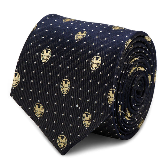 The Marvel Iron Man Gray Dot Tie by Cufflinks.com features a repeating pattern of small yellow Iron Man helmets and white polka dots—an ideal addition to any Marvel tie collection.